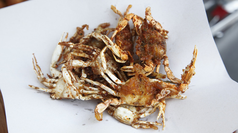 fried soft-shell crabs sitting on a plate