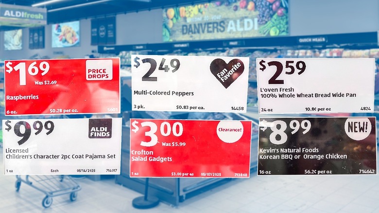 Six price tags arranged in front of Aldi store background
