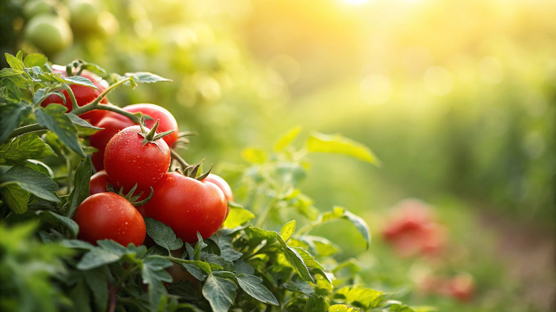 ripe tomatoes growing in a garden
