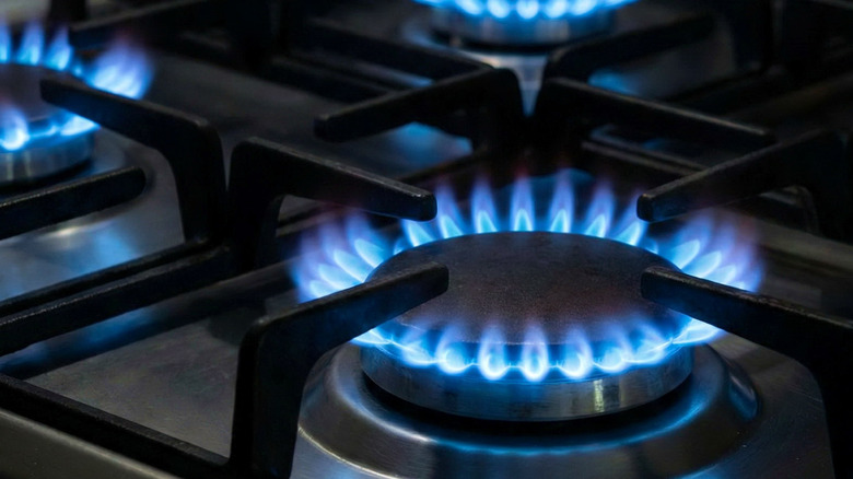 Blue flames burn from a kitchen gas stove