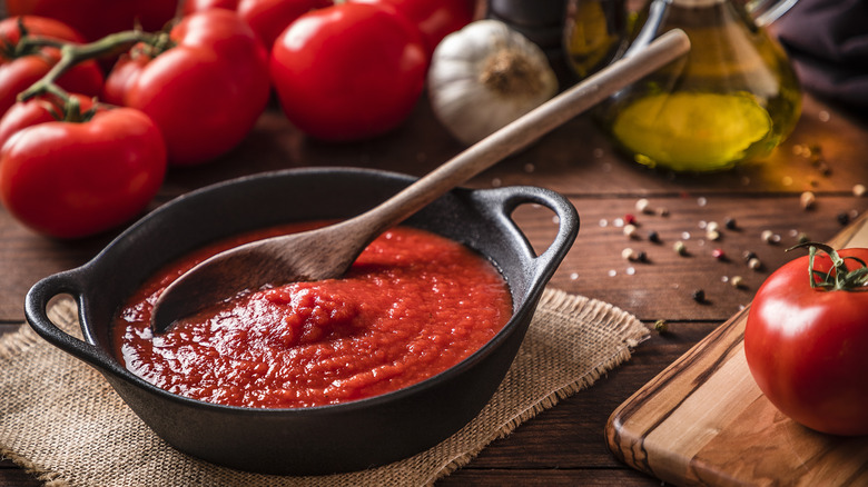 cooking tomato sauce in a pan