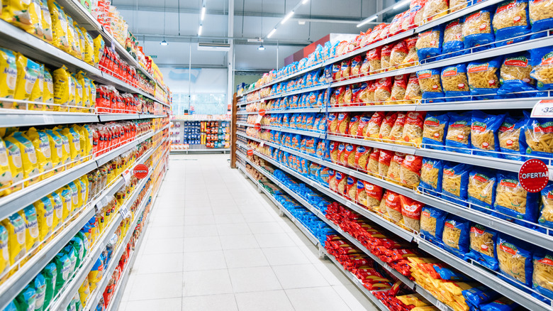 the pasta aisle in a grocery store