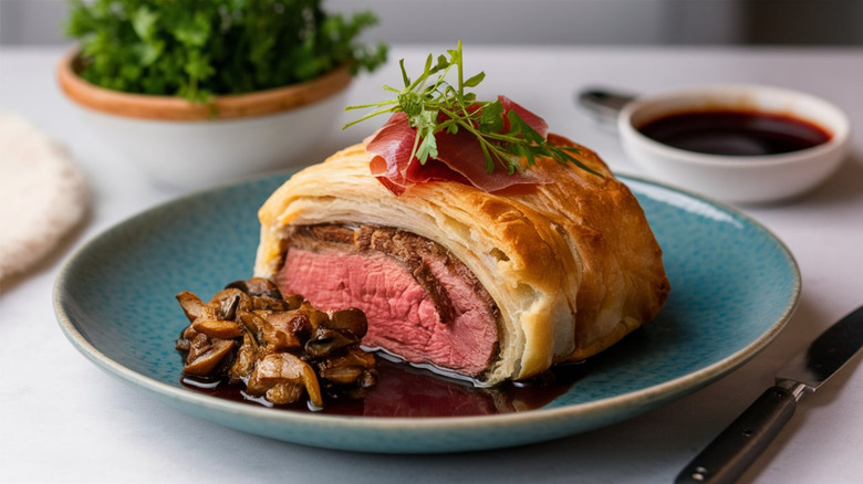 A sliced beef wellington on a plate.