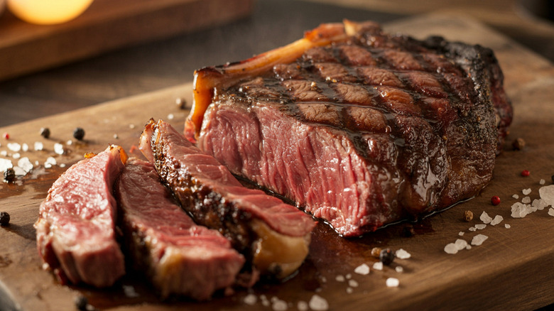 A juicy, sliced steak on a cutting board with salt and pepper.