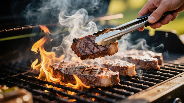 Pieces of juicy steak being flipped with tongs on a hot, flaming grill.