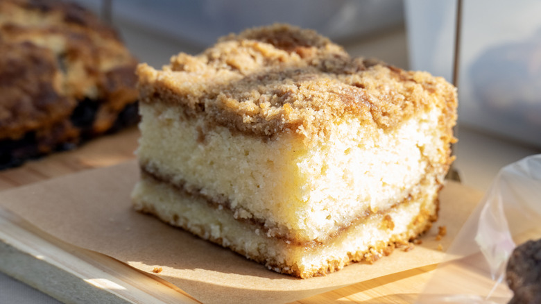 Slice of coffee cake on a plate.