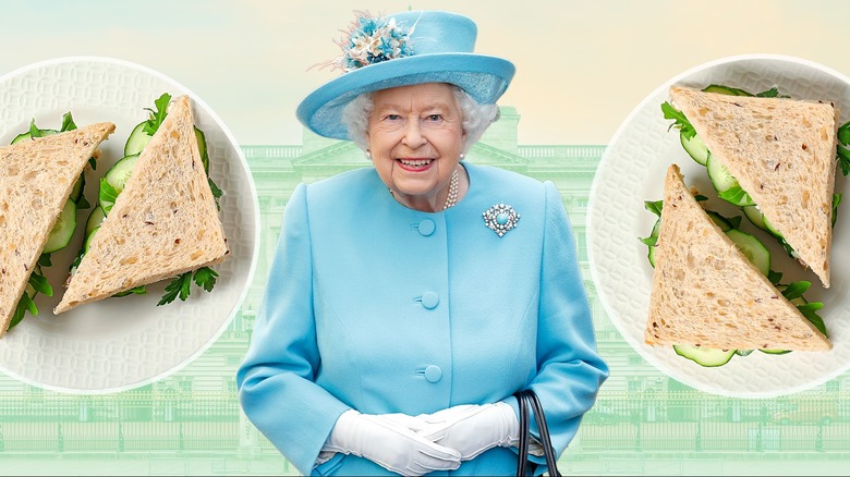 Image of Queen Elizabeth dressed in all blue, smiling, with an added background of two plates of cucumber sandwiches