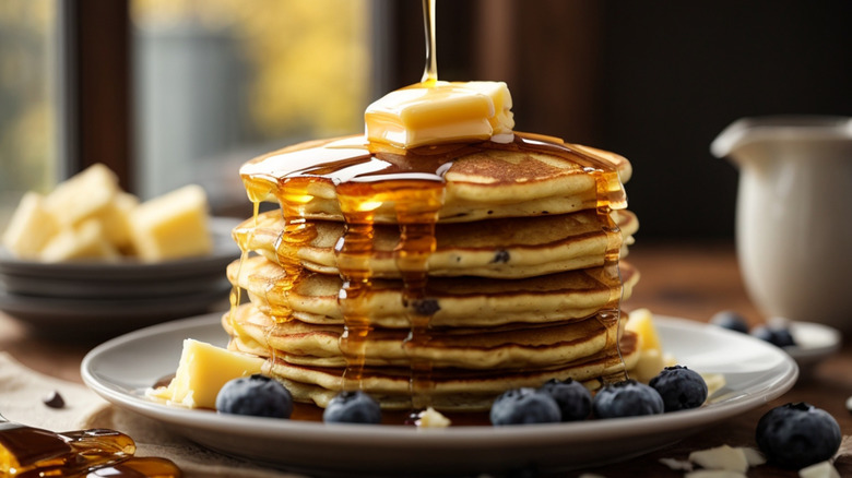 Blueberry pancakes with butter on top