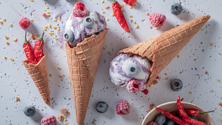 Ice cream cones with chilis