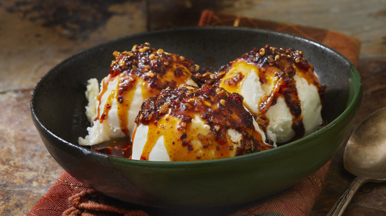 Bowl of ice cream with chili crisp