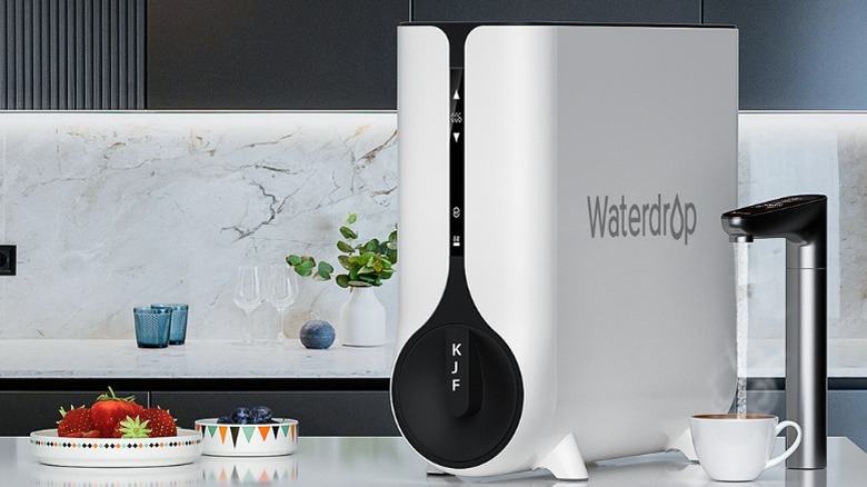 Waterdrop K6 on kitchen countertop next to strawberries, blueberries, and a sink