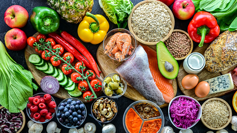 A collection of fruits, vegetables, and grains