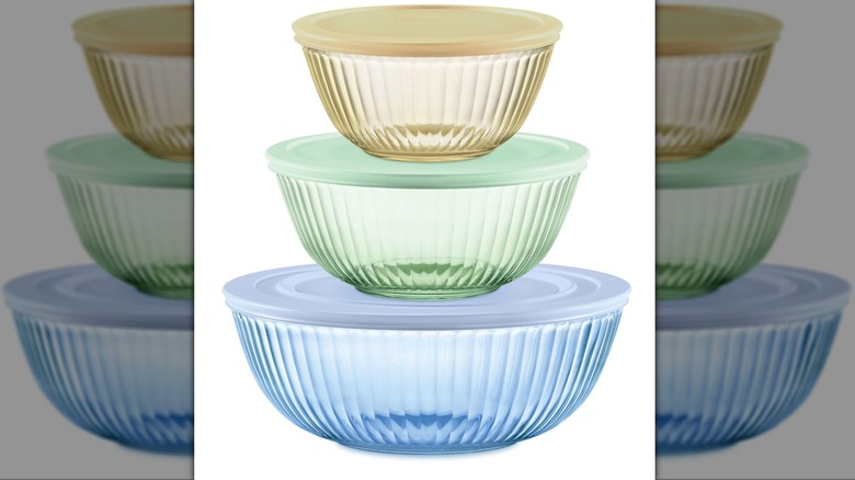 Pyrex Colors Tinted Glass Mixing Bowls against a white background