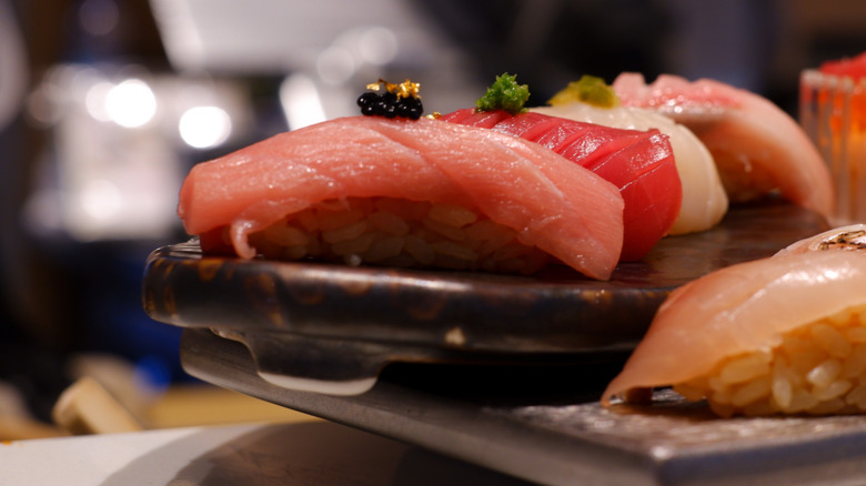 Nigiri sushi on sushi bar
