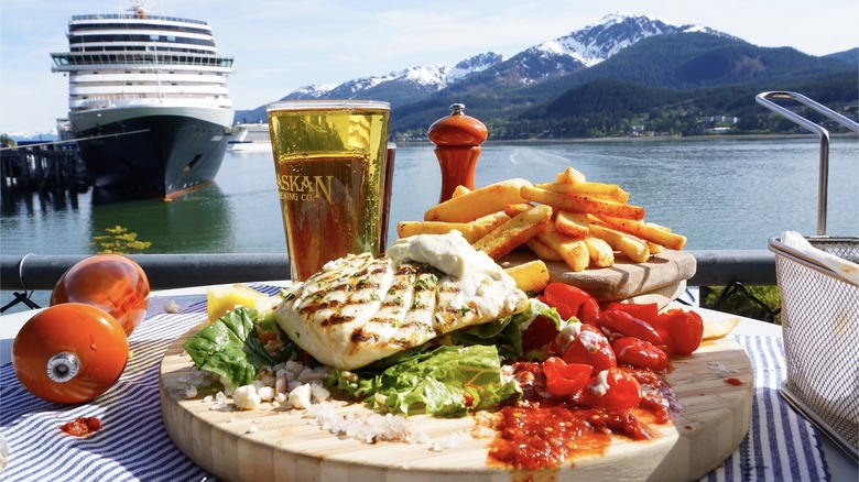 Meal with a beer at The Hangar on the Wharf in Juneau, Alaska
