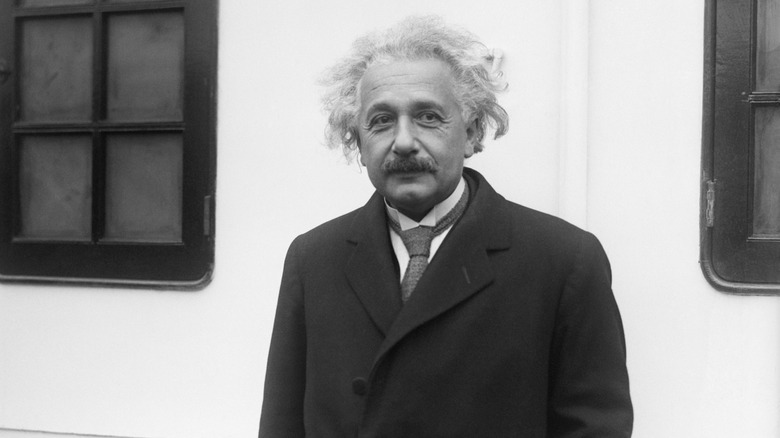 A black-and-white image of Albert Einstein