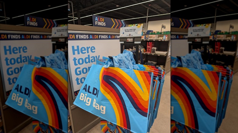 Aldi's Big Bags hung under an Aldi Finds sign