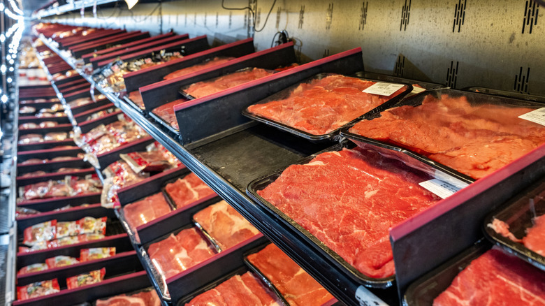 Cuts of meat at a grocery store.