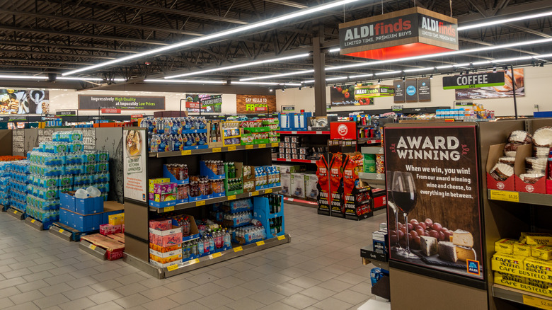 Multiple aisles inside an Aldi grocery store