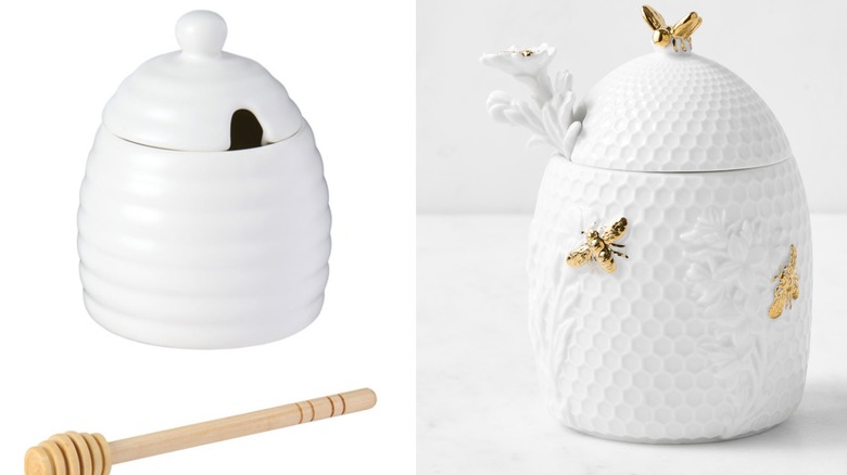 A side by side image of Aldi's and Williams Sonoma's honeypot. The one on the left is more plain, while the one on the right appears to be more luxurious, complete with gold bees detail.