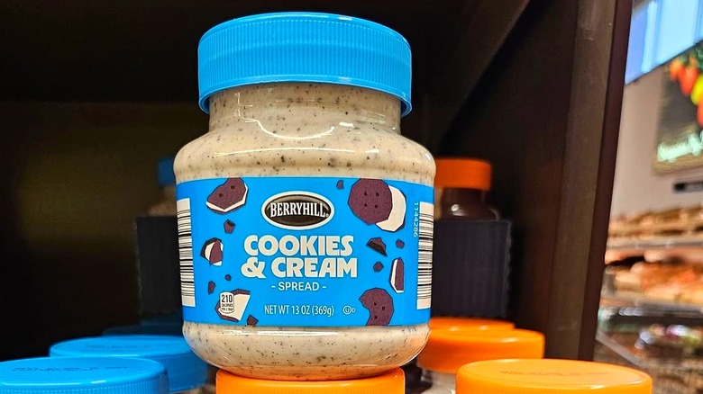 Jar of Aldi's Berryhill Cookies & Cream Spread.