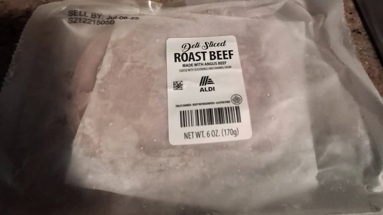 A package of deli sliced roast beef from an ALDI grocery store