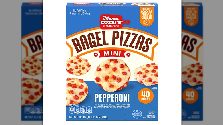 A box of Aldi Mama Cozzi's Pizza Kitchen Mini Bagel Pizzas
