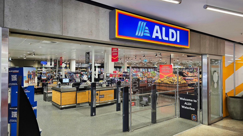 Front entryway of Aldi store in view of the checkout area.