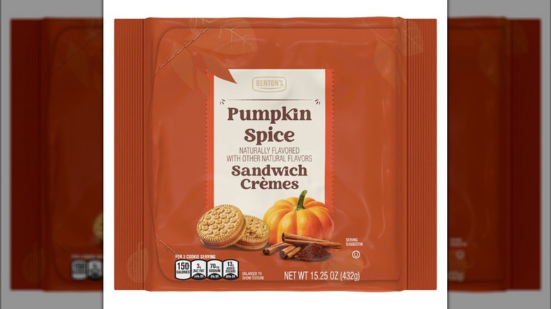 An orange plastic package with a label that says, "Pumpkin Spice Sandwich Cremes".