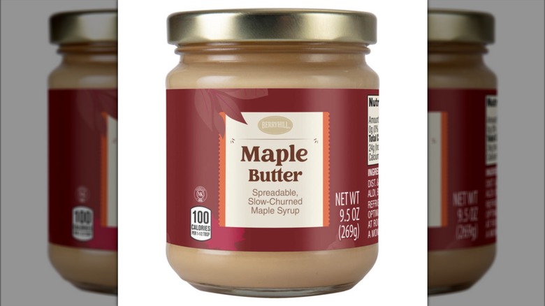 A jar of Maple Butter, with additional info that says, "spreadable, slow-churned maple syrup".