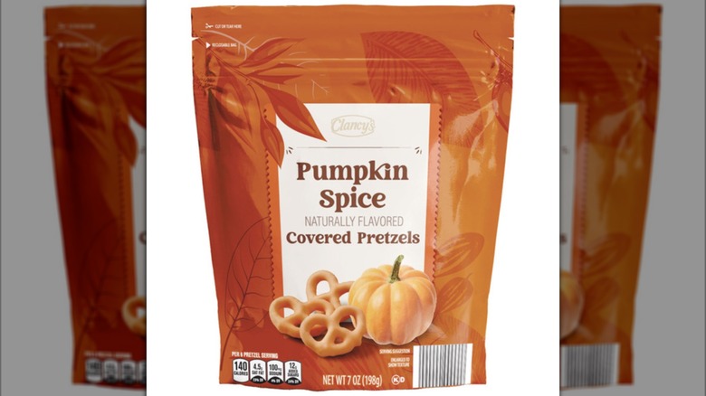 An orange resealable bag for pumpkin spice-covered pretzels.