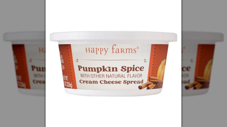 A small tub of pumpkin spice-flavored cream cheese from Happy Farms.