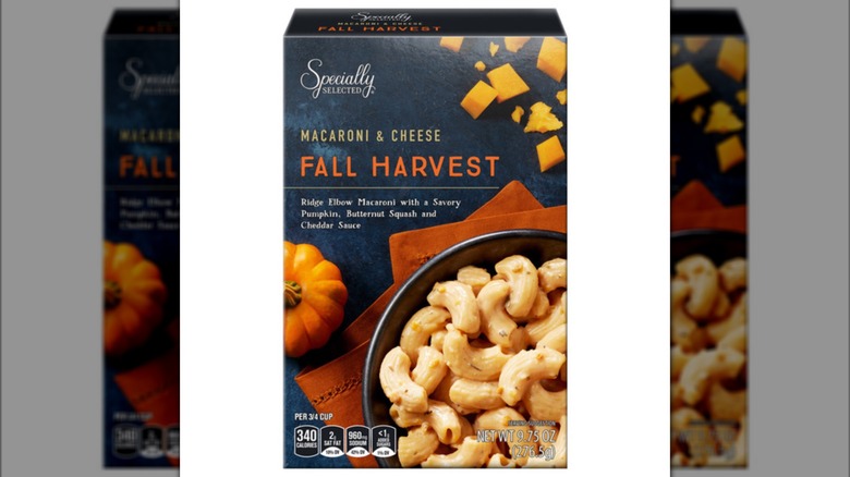 A box of macaroni and cheese, showing a bowl of the product, with small blocks of cheese and a small pumpkin.