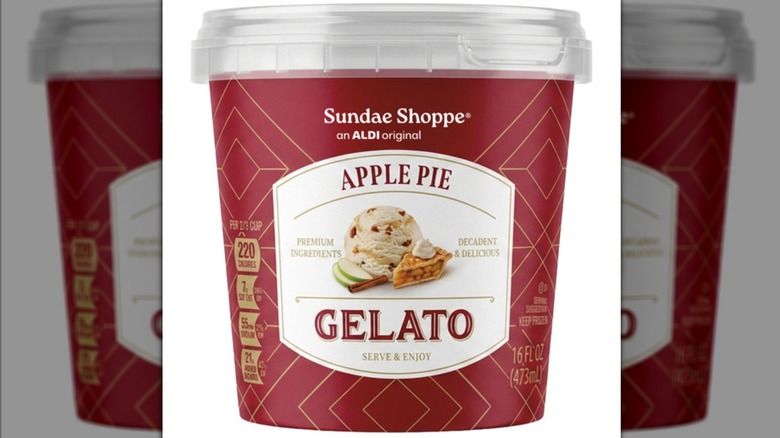 A pint of gelato with a red design and a sample image of the product.