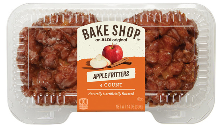 Plastic clamshell package of four Bake Shop Apple Fritters