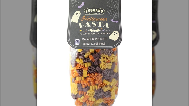 Bag of orange, purple, and yellow Reggano Halloween Shaped Pasta