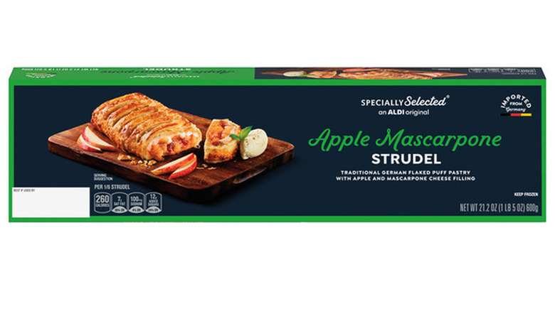 Blue and green rectangular box of Specially Selected Apple Mascarpone Strudel