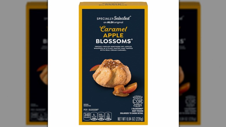 Yellow and blue rectangular box of Specially Selected Caramel Apple Blossoms