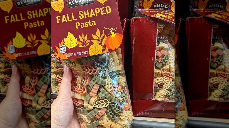 Hand holding a bag of Aldi's Reggano Fall Shaped Pasta