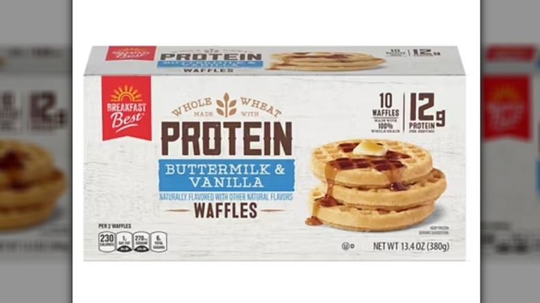 Box of Breakfast Best Protein Waffles on a white background.