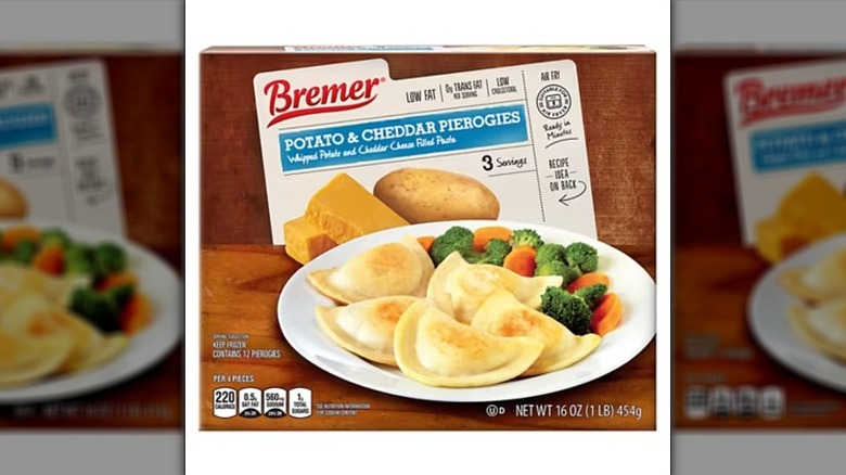 Box of Bremer Potato and Cheddar Pierogies on a white background.
