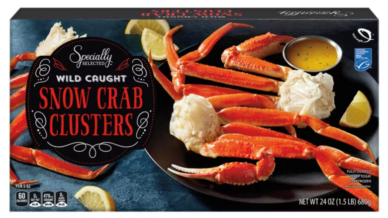 Box of Aldi's Specially Select Wild Caught Snow Crab Clusters on a white background.