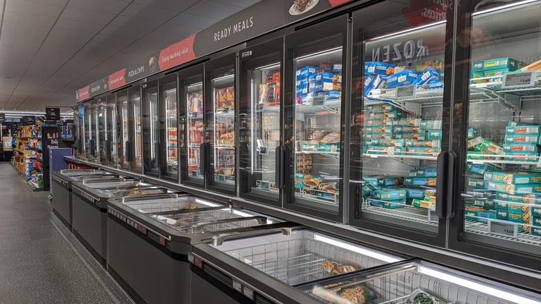 Freezer aisle inside an Aldi.