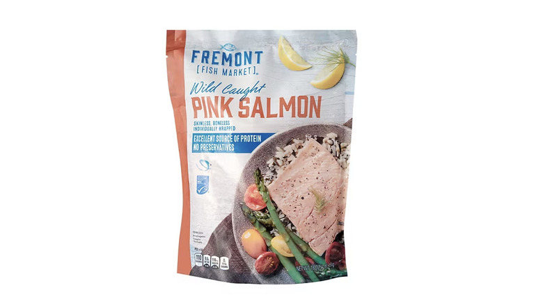 Bag of Aldi's Fremont Fish Market Wild Caught Pink Salmon on a white background
