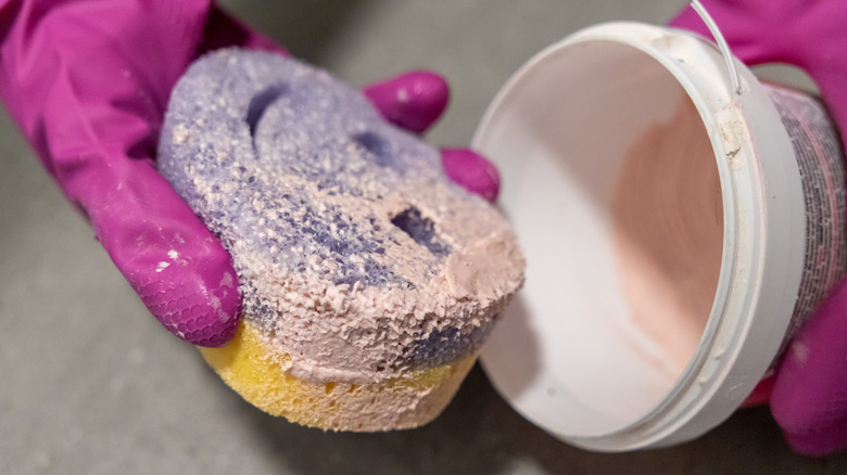 Hand holding Scrub Daddy sponge and a tub of cleaning paste