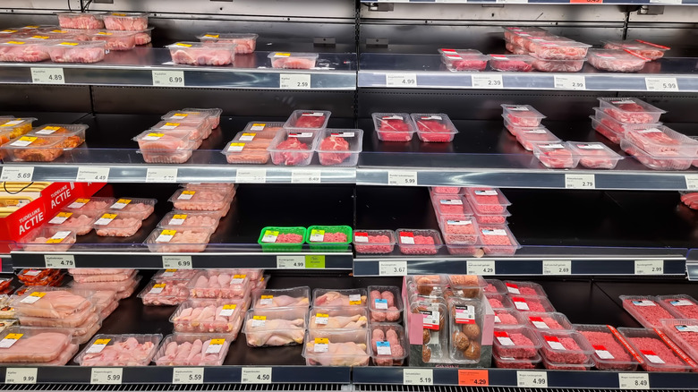 Meat section at Aldi with packaged beef and chicken