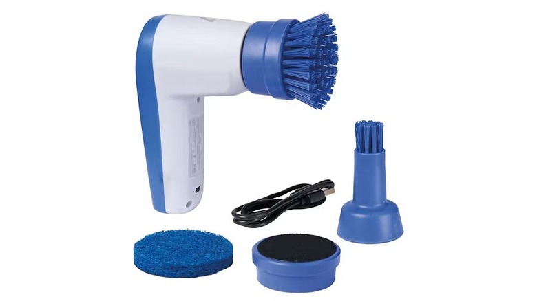 The Ambiano Cordless Handheld Power Scrubber with its parts separated on a white background.