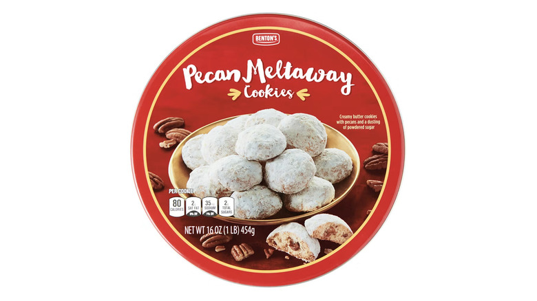 Tin of Benton's Original Pecan Meltaway cookies on a wooden table