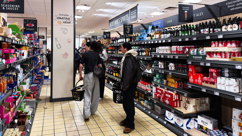 The spirits aisle at a UK Aldi offering many more options than U.S. Aldi such as Highland Black Scotch