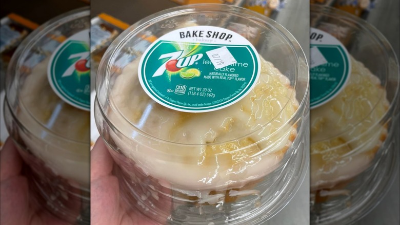 7UP cake in plastic case in store at Aldi.